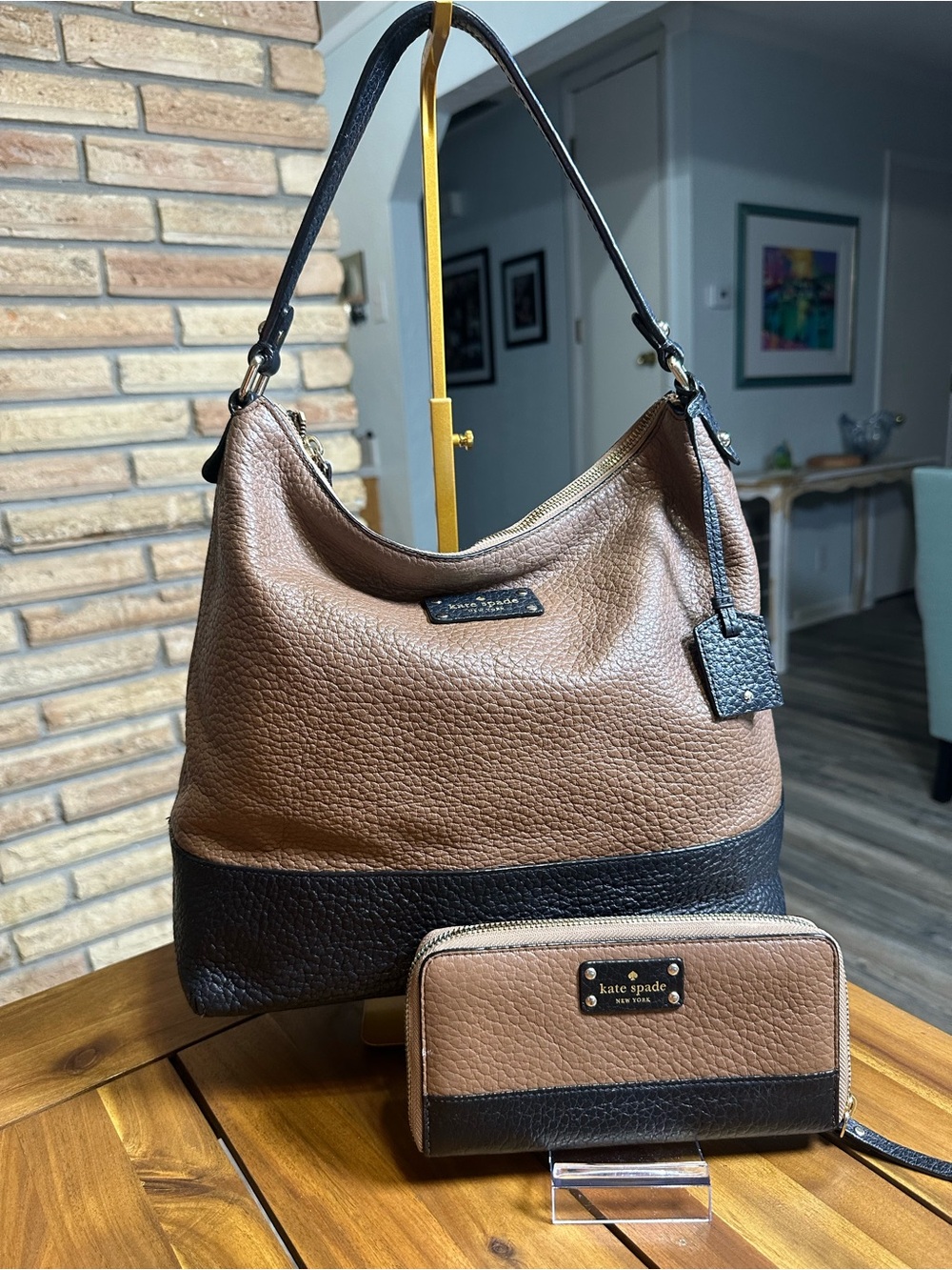 Kate Spade Dune and Black Leather Bay Street Lexie Shoulder Bag and Wallet Set